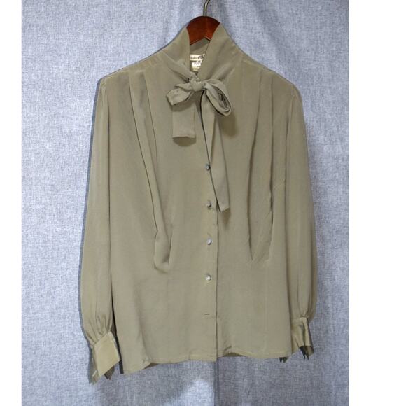 Kanebo Emma Tops - Kanebo Emma Olive Pure Silk Tie-Neck Blouse Size 10
